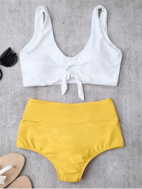 Knotted High Waisted Ruched Bikini Set Yellow Bikinis L Zaful