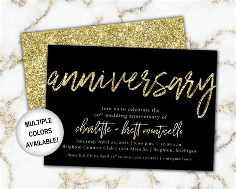 Black And Gold Anniversary Invitations Printable L Wedding Etsy