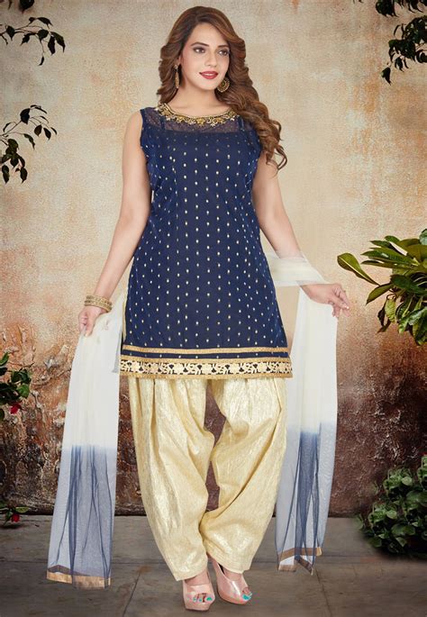 Buy Embroidered Chanderi Silk Punjabi Suit In Navy Blue Online