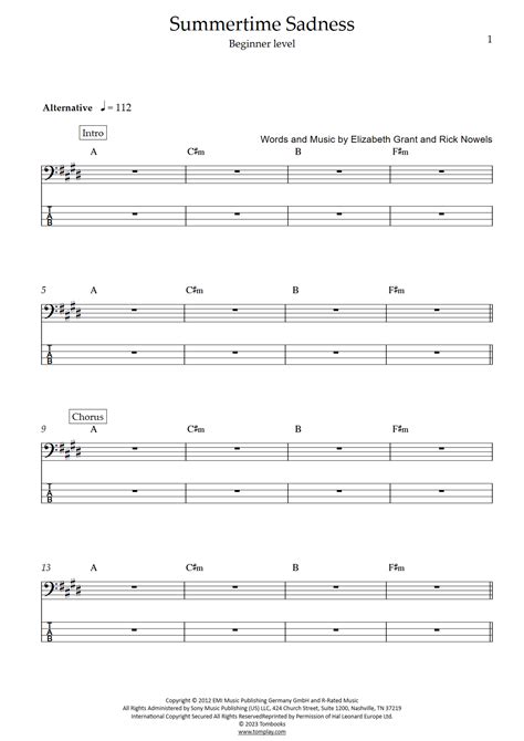 Summertime Sadness Beginner Level Lana Del Rey Bass Tabs