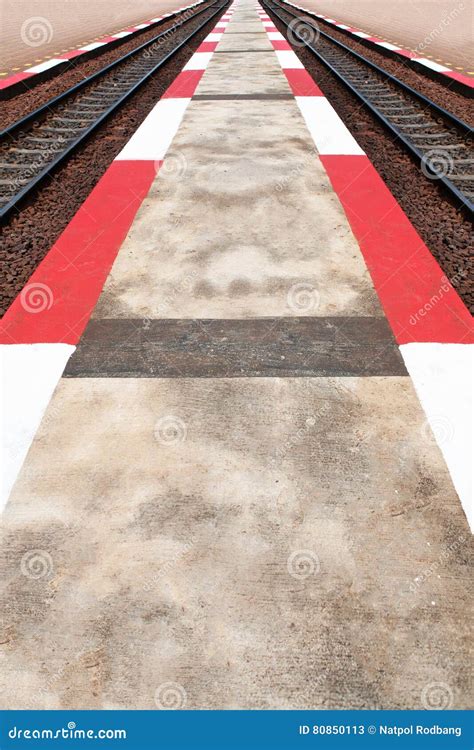 Red And White Strip Footpath Between Railway Stock Image Image Of