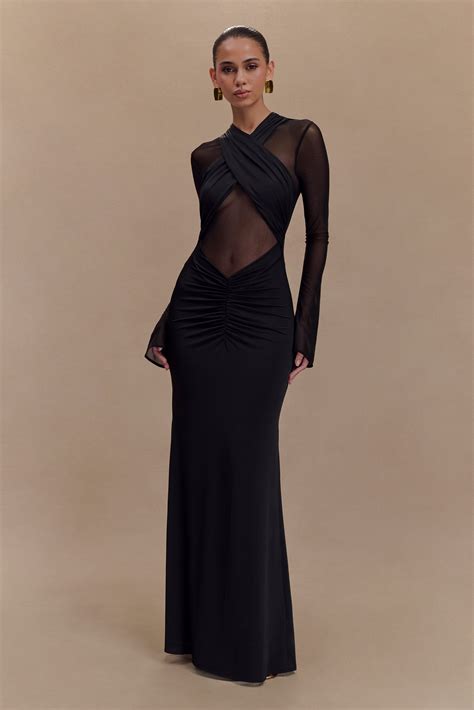 Tania Slinky And Mesh Long Sleeve Maxi Dress - Black & MESHKI US