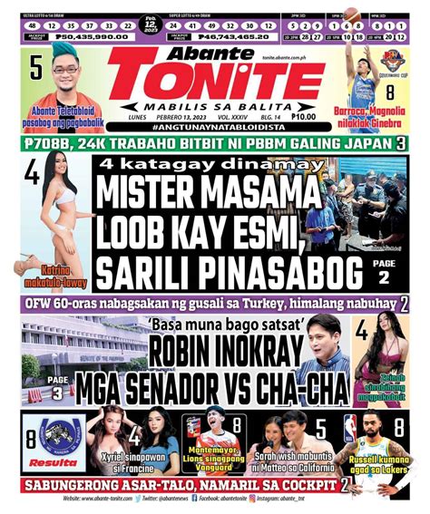 Tonite Front Page Balita Ngayong Pebrero 13 2023 Abante Tonite