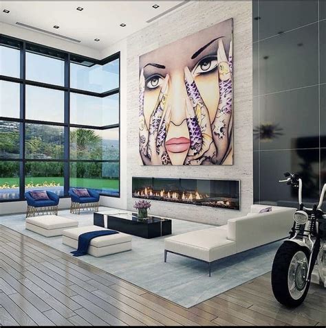 A Motorcycle Is Parked In Front Of A Modern Living Room With Fireplace