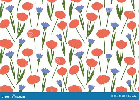 Summer Nature Seamless Pattern With Poppies And Cornflowers Stock