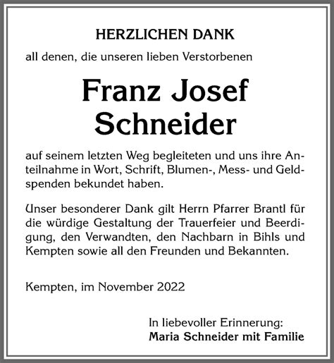 Traueranzeigen Von Franz Josef Schneider Allg Uer Zeitung