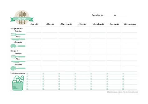 Menus de la semaine à imprimer Modèles de planning PDF