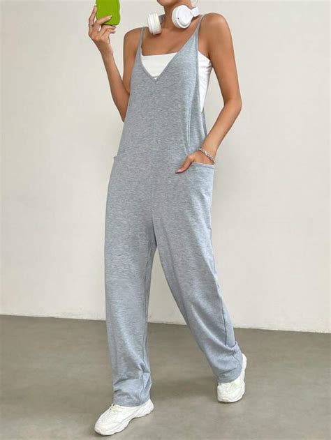 SHEIN EZwear Jumpsuit Con Bretelle Sottile Monocolore Con Doppia Tasca