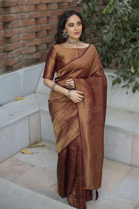 Coffee Banarasi Silk Jacquard Woven With Swarovski Diamond Work Saree