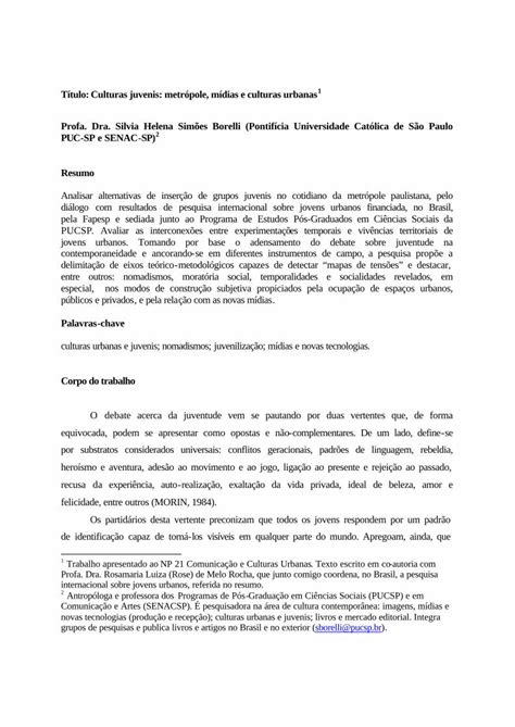 Pdf T Tulo Culturas Juvenis Metr Pole M Dias E Culturas