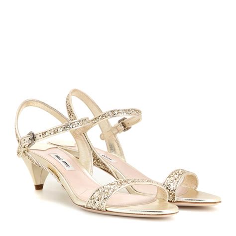 Lyst Miu Miu Glitter Embellished Kitten Heel Sandals In Brown