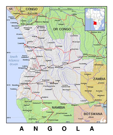 Detallado mapa político de Angola con alivio Angola África Mapas