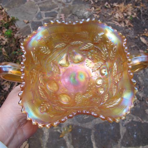 Antique Northwood Fruits And Flowers Marigold Carnival Glass Bon Bon Carnival Glass