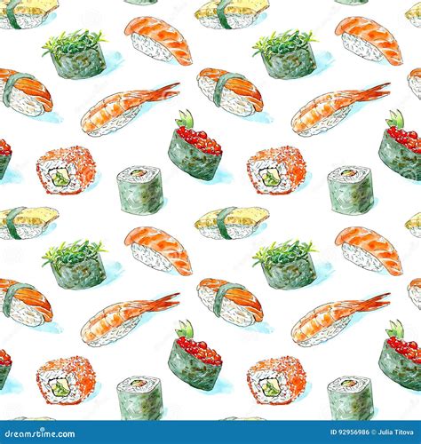 Seamless Pattern Of A Gunkan Sushi And Roll Japanese Cuisine Stock