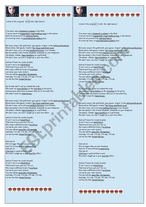 a new song LORDE ROYALS - ESL worksheet by labeillecool