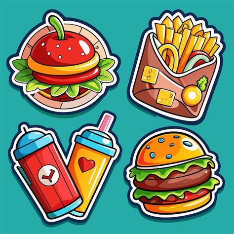 Cartoon Fast Food Stickers Set With A Burger Fries And Soda Premium