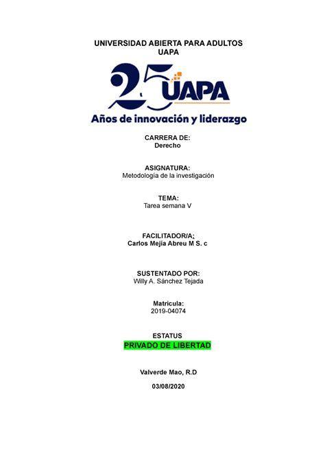 Tarea V Metodología De La Investigación Universidad Abierta Para Adultos Uapa Carrera De