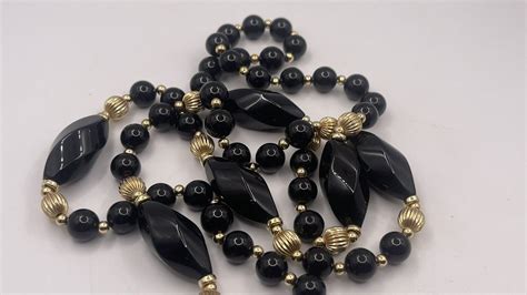 14K Gold Round Black Onyx Stone Beads Beaded Knotted Necklace 108 G 1