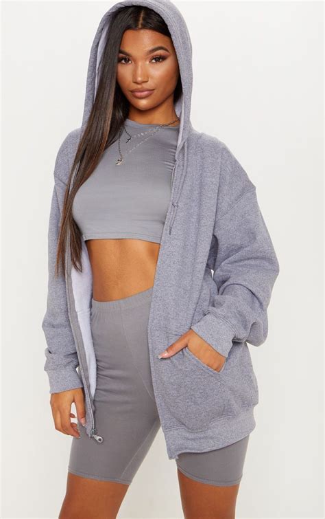 Grey Fleece Zip Up Hoodie Tops Black And White Hoodies Grey Zip Ups Zip Ups