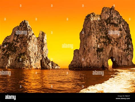 Amazing Landscape At Capri Island With Faraglioni Coastal Rocks