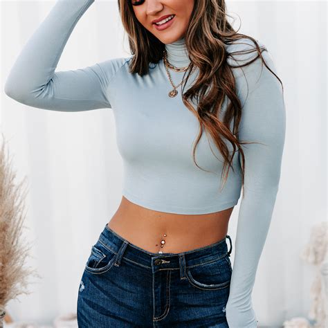 No Distractions Long Sleeve Turtle Neck Crop Top Smoke Blue Nanamacs