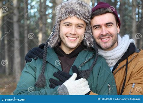 Gay Couple Smiling In The Winter Stock Image Image Of Health Holding