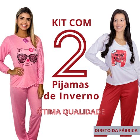 Kit Pijama Longo Fechado Feminino Manga Comprida Inverno Pijama