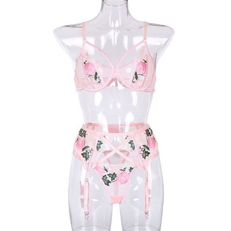 Floral Embroidery Lace Lingerie Piece Set Sexy Underwear Women Bra And Pantie Corset Garters