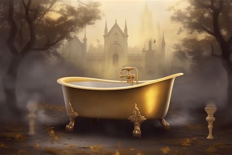 Realistic Clipart Gold Bathtub In Foggy Enchanted Cemetery Graveyard