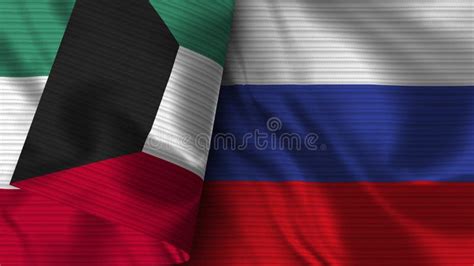 Russia And Kuwait Realistic Flag Fabric Texture Illustration Stock