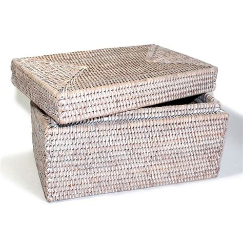 White Washed Rattan Rectangular Lidded Storage Basket Hudson And Vine