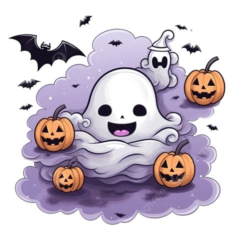 Happy Halloween With Clouds Bat Spider Ghost And Star PNG