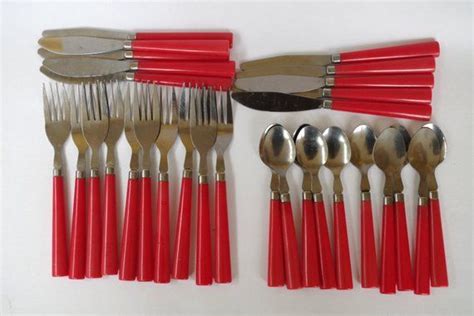 Vintage Set Of Flatware With Red Plastic Handles Service For Ten With 6 Additional Knives And 8