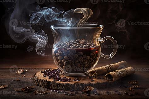 Cup Glass Of Coffee With Smoke And Coffee Beans On Old Wooden