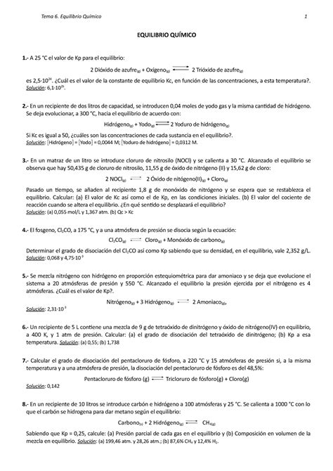 6 Problemas Equilibrio Quimico Tema 6 Equilibrio Químico 1