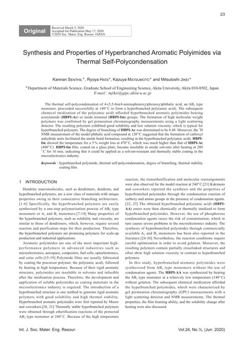 Pdf Synthesis And Properties Of Hyperbranched Aromatic Polyimides Via