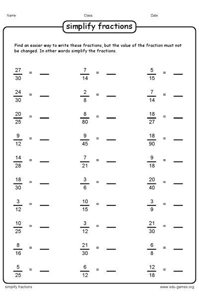 Simplest Form Fractions 4th Grade