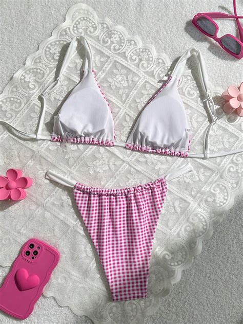 SHEIN Swim Valentines Women S Pink Plaid Bow Sexy Bikini Set Summer SHEIN UK