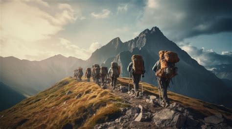 Grupo De Excursionistas Subiendo Una Monta A Con La Puesta De Sol