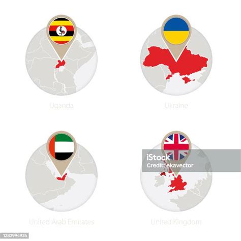 ウガンダウクライナアラブ首長国連邦イギリスの地図と旗を丸で囲みます アイコンのベクターアート素材や画像を多数ご用意 アイコン アジア