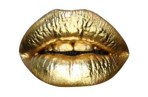 Gold Lips, Golden Lipgloss on Lips, Metallic Mouth. Beauty Woman Makeup ...