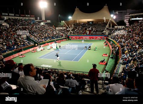 Dubai Tennis Stadium at Night during the ATP tennis tournament Stock ...