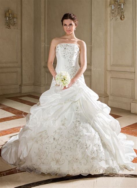 Ball Gown Strapless Chapel Train Taffeta Wedding Dress With Embroidered