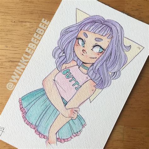 A Drawing Of A Girl With Purple Hair Wearing A Pink T Shirt And Blue