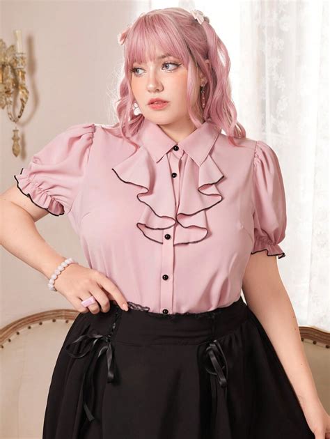 Romwe Kawaii Plus Size Ruffled Bubble Sleeve Shirt Shein Usa