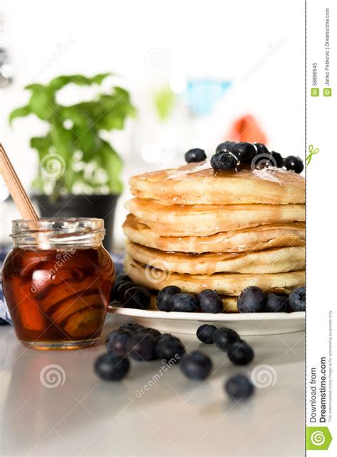 Pancakes With Maple Syrup And Blueberry Stock Image Image Of Honey People 58896945