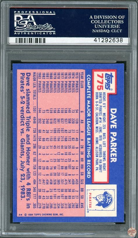 1984 Topps Tiffany Dave Parker 775 Psa 10 Pop 18 638 Aaron To Zito