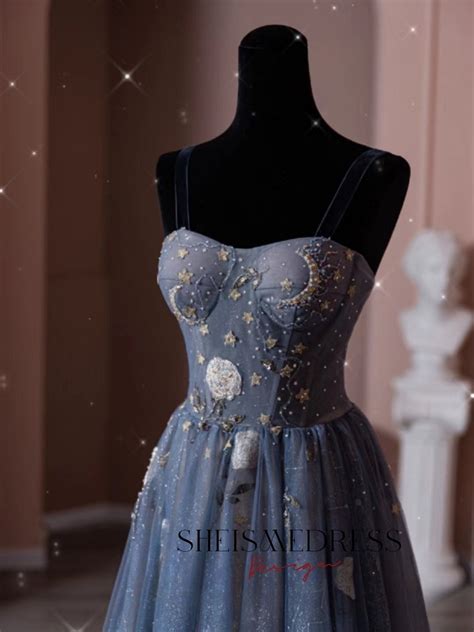 Beautiful Starry Sky Lace Prom Dresses A Line Princess Tulle Spaghetti