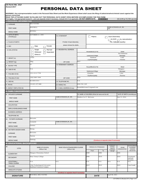 Pds Form No Revised Personal Data Sheet Moran Xlsx Cs Form No Hot Sex