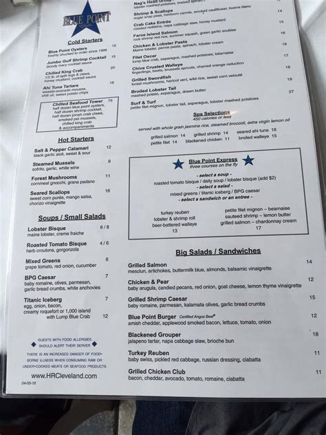 Menu At Blue Point Grille Restaurant Cleveland